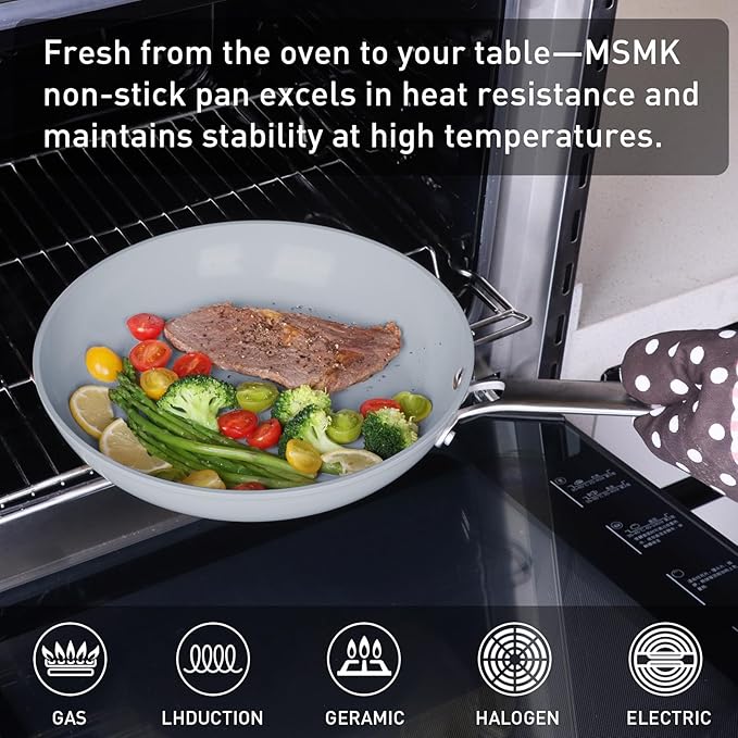 MsMk 8 inch + 10 inch Ceramic Non Stick Frying Pans, Grey Nonstick Skillets Set, PFOA Free Non-Toxic, Scratch-resistant, Oven-Safe, Induction Ready, Compatible with All Cooktops