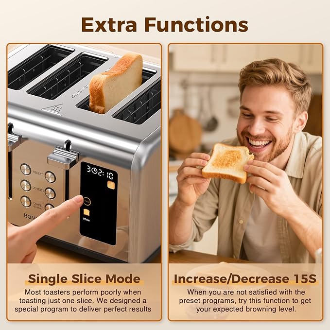 4 Slice Touch Screen Toaster, Stainless Steel Toaster with Wide Slots for Bagels and Bread, Reheat/Defrost/Cancel Functions, Removable Crumb Tray, Silver