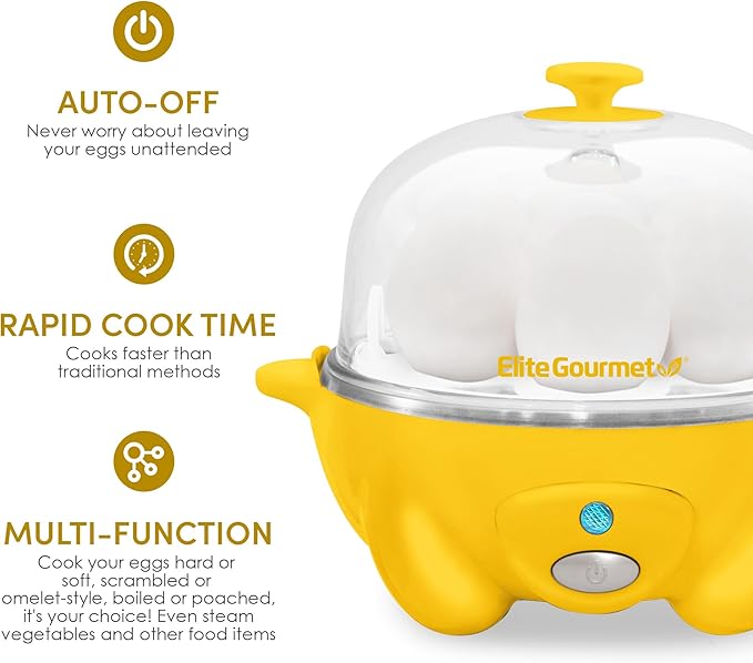 Elite Gourmet Easy Electric 7 Egg Capacity Soft, Medium, Hard-Boiled Cooker Poacher, Scrambled, Omelet Maker with Auto Shut-Off and Buzzer, BPA Free