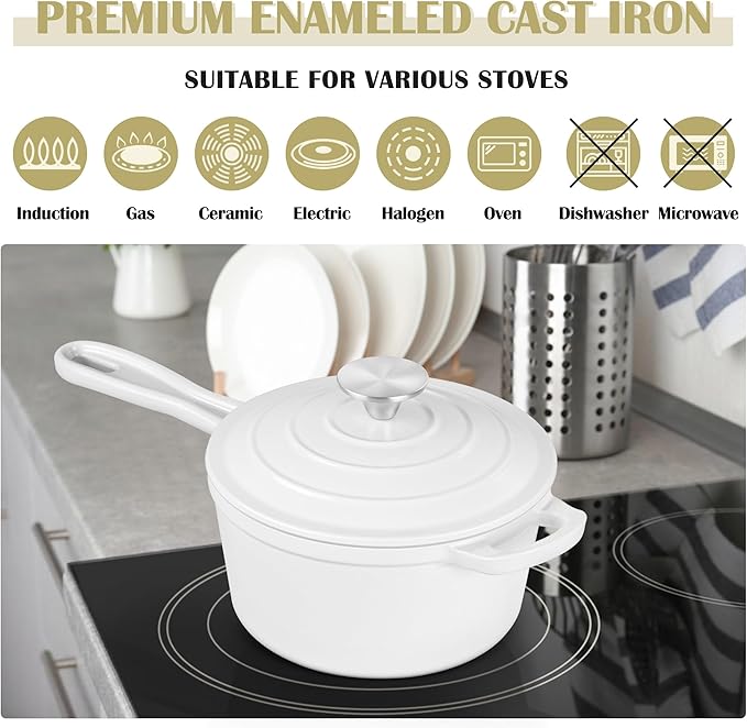 E-far Enameled Cast Iron Sauce Pan, 2 Quart Dutch Oven Saucepan with Lid, Small Sauce Pot for Cooking, Boiling, Healthy & Non Toxic, Induction & Oven Safe, White