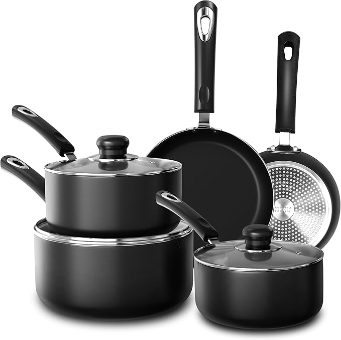 KICHLY 8 Pieces Pots and Pans Set, Non Stick Kitchen Cookware Set, Induction Frying Pans 20cm, 28cm, Saucepan with Lids 20cm, 18cm, Non Induction Saucepan 16cm, Pots and Pans Set Nonstick, Black