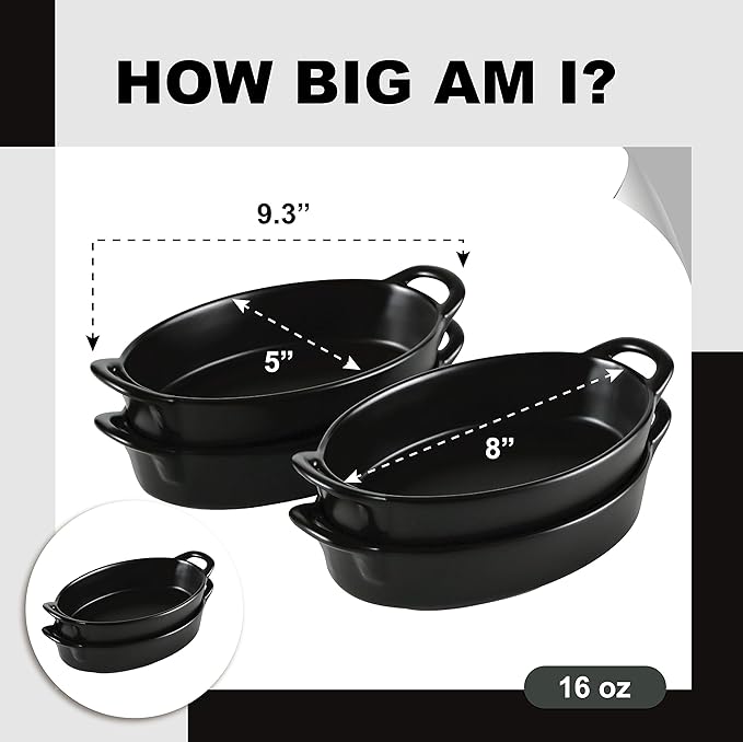 Bruntmor 8" x 5" Oval Porcelain Ceramic Deep Dish Pie Pan Set of 4, Double Handle Au Gratin Baking Dishes, Oven Safe Roasting Lasagna Pan For kitchen- Black