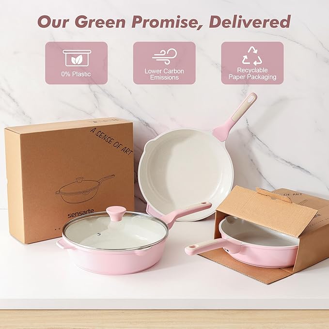 SENSARTE Nonstick Ceramic Skillet with Lid 10-inch, 3.5QT Non Toxic Deep Frying Pan, Saute Pan with Lid, Stay-cool Handle, Healthy Cooking Pot, Induction Compatible, Pink