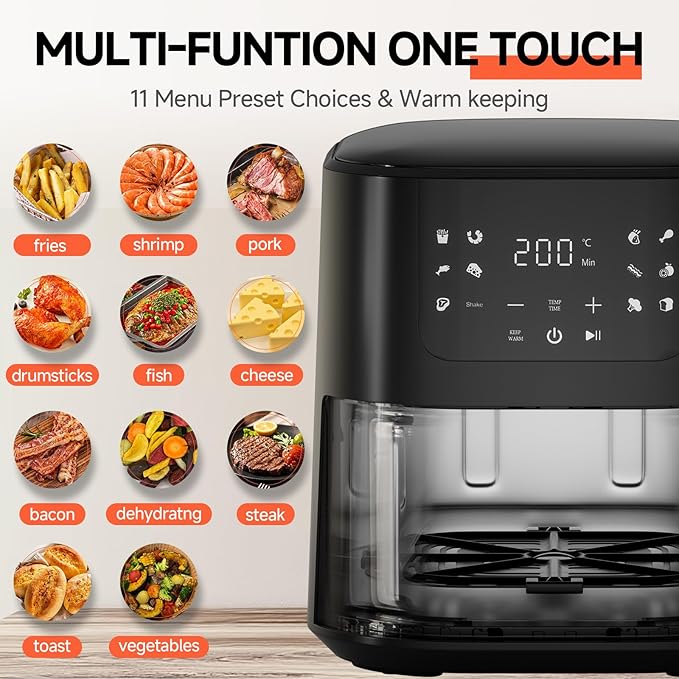 QIDO Air Fryer 8-in-1 with 5 QT Capacity,180°-450°F Precision Heating, Air Fry, Roast, Broil, Reheats, Dehydrates, Less Oil, Features Shake Reminder, Large Touch Display with Auto Menus, Compact Black