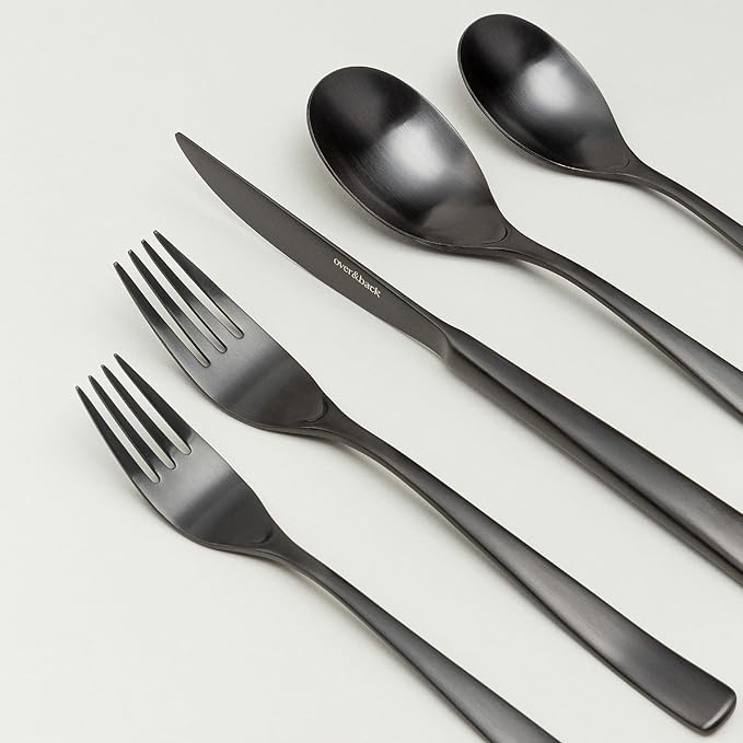over&back 20pc Curved Flatware Cutlery Set - Comes with 4 Dinner Forks, 4 Salad Forks, 4 Dinner Knives, 4 Dinner Spoons, and 4 Teaspoons - 18/8 Stainless Steel - Dishwasher-Safe - Matte Black