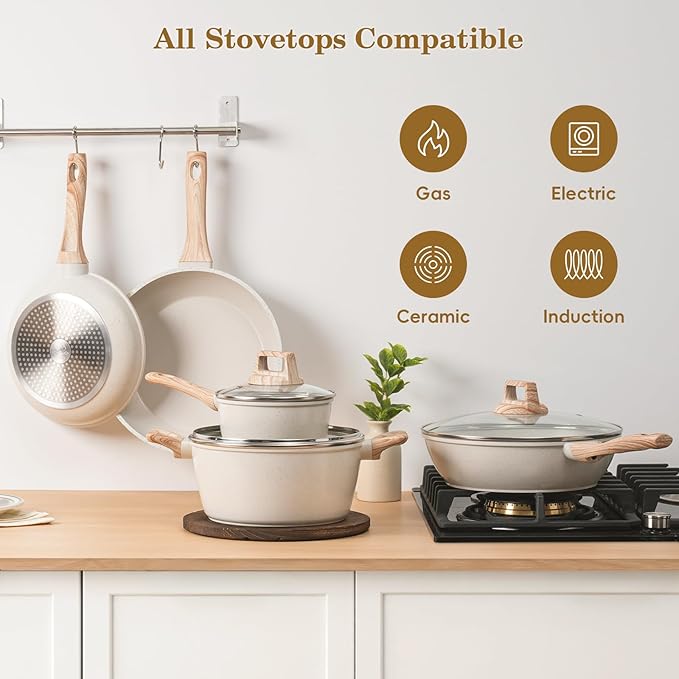 12Pcs Non-Stick Pots and Pans Set, White Granite Induction Cookware Set, Non-Toxic Healthy NonStick Kitchen Cooking Set with Pans Set, Soup Pot (No PFAS/PFOA/PFOS)