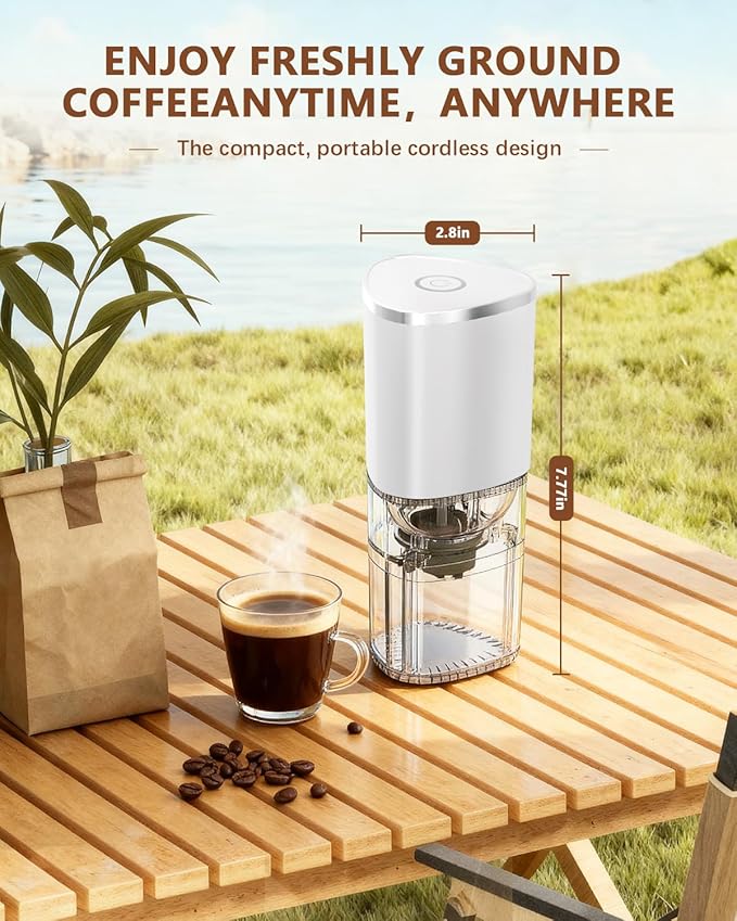 Portable Electric Coffee Grinder ，Automatic Coffee Grinder with USB Type-C wireless charging design，Adjustable Coarse to Fine for coffee beans, grains, cleaning brush + cable Includes (white)