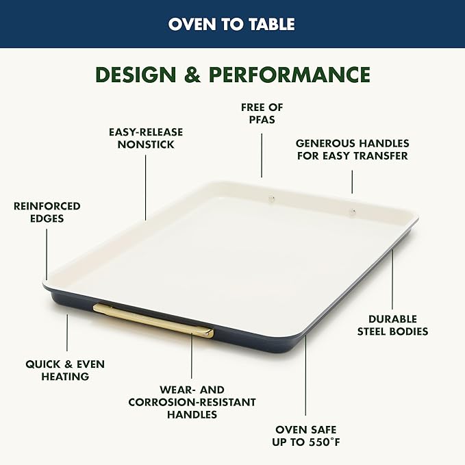 GreenPan Bakeware 13"x18" Half Baking Sheet Pan, Ceramic Nonstick Baking Pan, PFAS & BPA Free, Gold Handles, Durable Steel, Versatile & Space Saving Ovenware, Freezer to Oven Dish, Oxford Blue