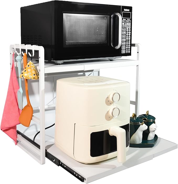 2-Tier Microwave Rack - Height Adjustable & Extendable Kitchen Shelf with Drawer - Carbon Steel - Includes Hooks & Reinforcement Suction Cups - Easy Assembly (White)