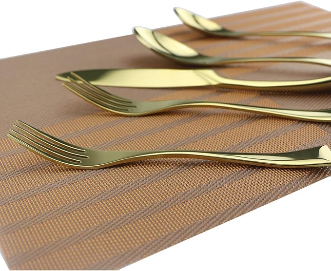 Gold 18/10 Stainless Steel Flatware Set – Stylish Set of Eating Utensils for 1 Person - Dinner Knife, Fork, Soup Spoon, Tea Spoon - Ideal Weight & Size, for Everyday Use or Holidays