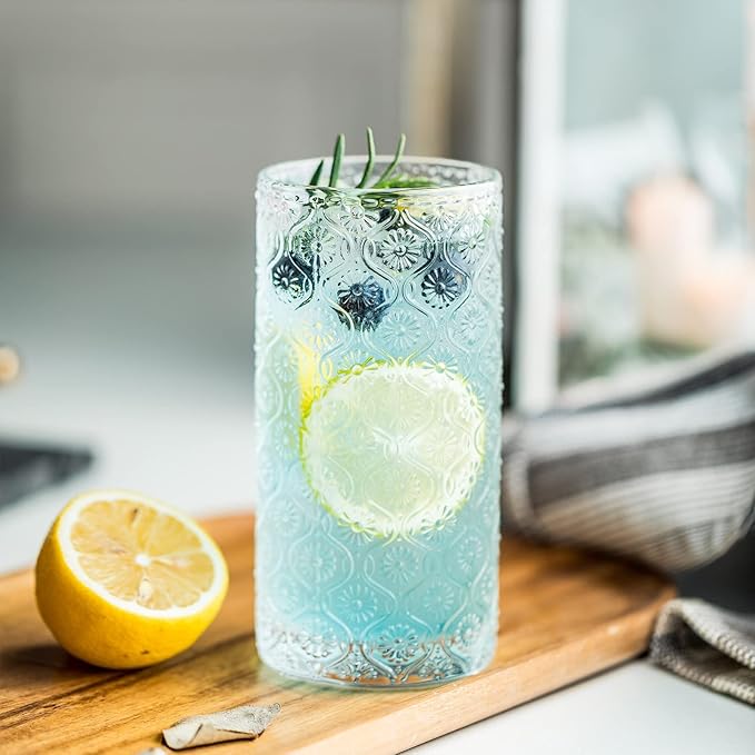 Glass Cups Vintage Glassware Set of 4, Drinking Glasses 12.5oz, Embossed Pattern Style Transparent Cocktail Glasses Set, for Ice Coffee,Juice,Beer,Bar Beverages,Drinkware, Transparent (L)