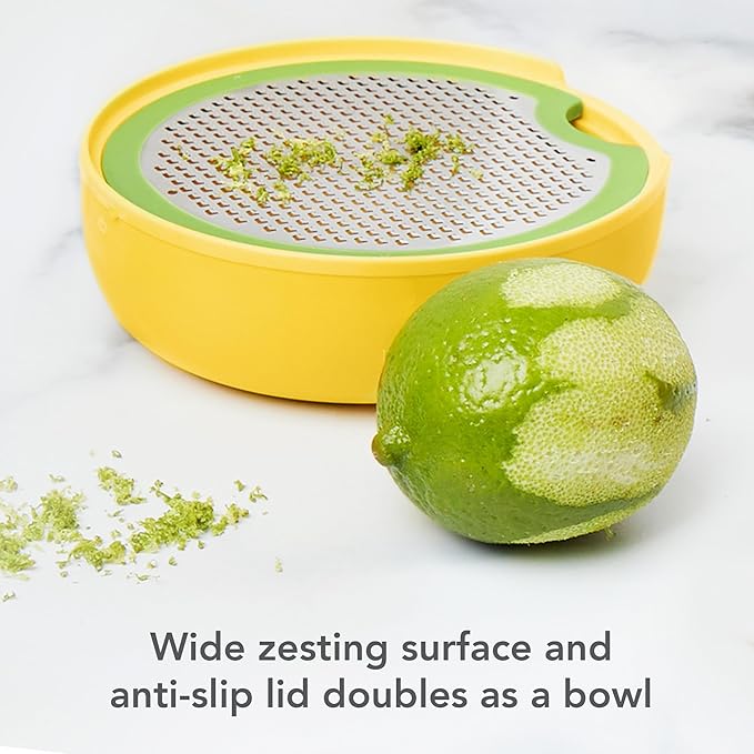 Tovolo All-in-1 Citrus Juicer and Zester Set, White & Yellow – Manual Juicer with Measuring Cup, Dual Reamers, BPA-Free, Dishwasher Safe, Compact Storage
