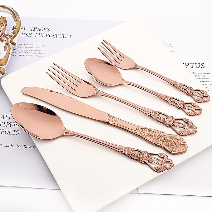 Royal 24-piece Rose Gold Mirror Silverware Dinnerware, 18/10 Stainless Steel Luxury Flatware Service For 6 Tableware Ideal For Wedding Home Restaurant, Dishwasher Safe