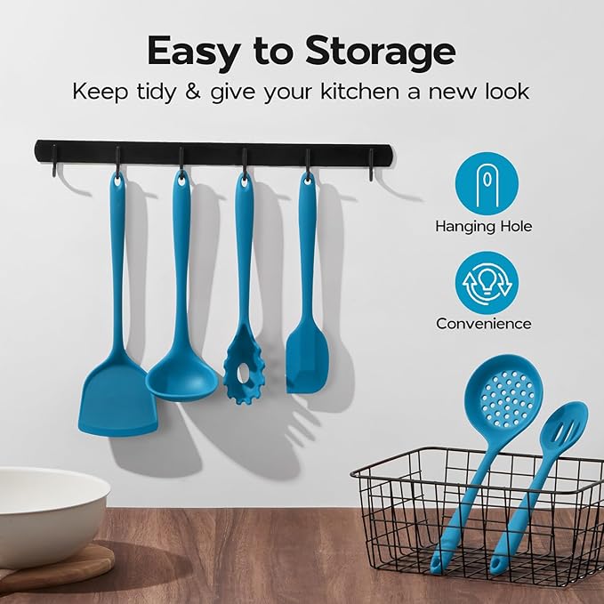 Onader Silicone Cooking Kitchen Utensils Set of 6, Navy Blue Kitchen Utensils Gadgets Set for Nonstick Cookware, Non Toxic & Dishwasher Safe