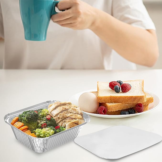 50 Pack 2 lb Disposable Aluminum Foil Pans Meal Prep Take Out Food Containers with Paper Lids for Catering, Baking, Roasting Food, Freezer Safe