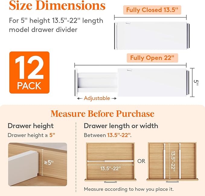 Lifewit 12 Pack Drawer Dividers Plastic 5" High, 13.5-22" Adjustable Drawer Organizers for Clothes, Expandable Dresser Separators in Bedroom/Bathroom/Kitchen/Fridge/Office Organization and Storage