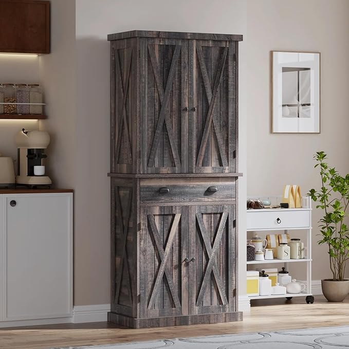 YITAHOME 72'' Tall Kitchen Pantry Cabinets, Farmhouse Storage Cabinets with Barn Doors, Drawer ＆ Adjustable Shelves, Rustic Wood Cupboard for Dining Room, Living Room, Gray Rustic