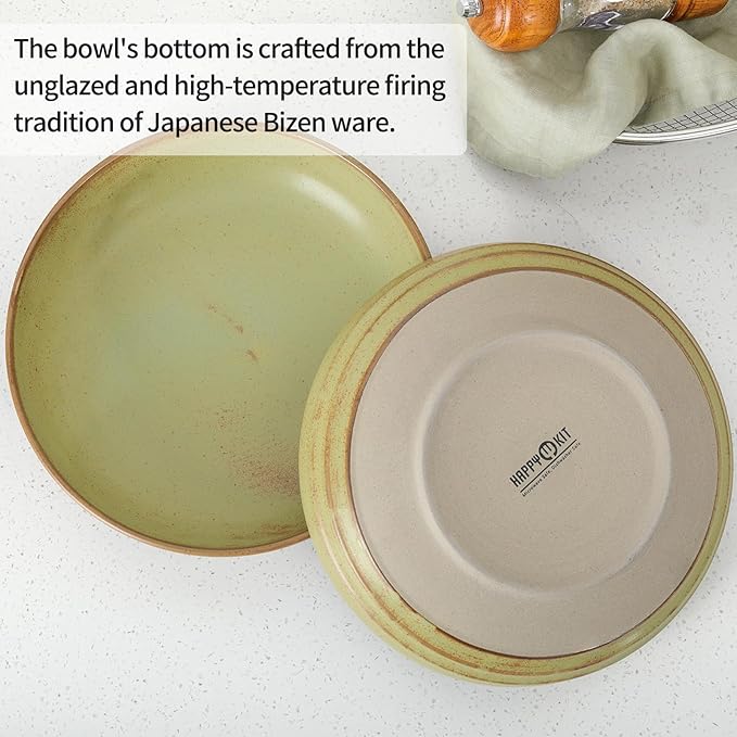 HAPPY KIT 9'' Pasta Bowls, 42oz Pasta Bowls Set of 4, Large Salad Bowl, Ceramic Serving Bowls,Double Reactive Glaze, Ideal for Housewarming, Festivals, Microwave Safe (Moss Green)
