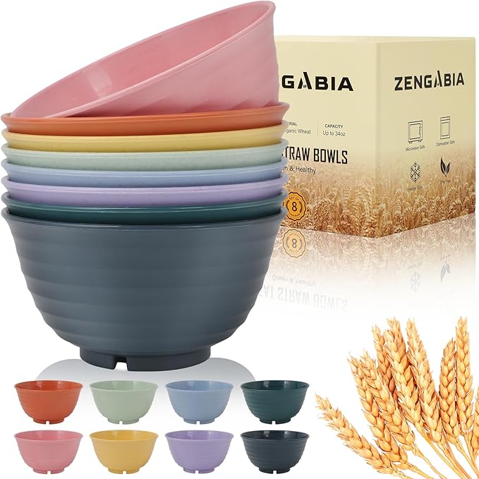 Wheat Straw Bowls, 34 Oz Large Microwave Dishwasher Safe Plastic Cereal Soup Bowls Sets of 8 Reusable, Unbreakable Deep BPA-Free for Ramen Salad Noodle, Multicolor