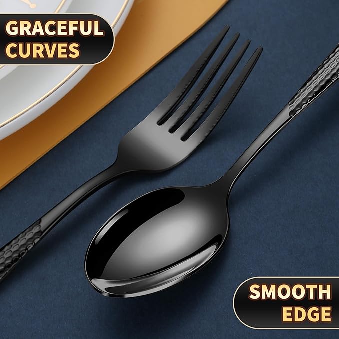 Lemeya 40-Piece Hammered Black Silverware Set for 8 with Serrated Forging Knives,18/10 Stainless Steel Modern Flatware Set,Unique Cutlery Set Spoons and Forks Set,Mirror Polished,Dishwasher Safe