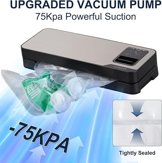 Vacuum Sealer Machine, 75kpa Rechargeable Automatic Food Sealer for Freshness Storage, Portable Touch Screen Food Vacuum Sealers Machine with Pre-cut Cutter & Bags, Air Hose for outdoor Indoor