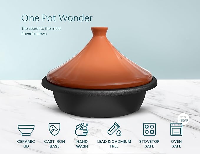 KooK Moroccan Tagine, Enameled Cast Iron Cooking Pot, Tajine with Ceramic Cone-Shaped Closed Lid, 3.3 QT, (Terracotta)