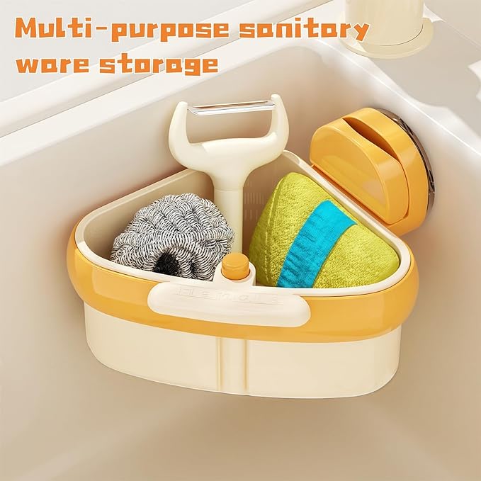 Suction Cup Sink Corner Rack, Sink Strainer Basket, 2025 New Upgraded Suction Cup Press Sink Drainer Basket, Auto-Dump Sink Strainer, Faucet Sponge Holder & Corner Food Catcher.