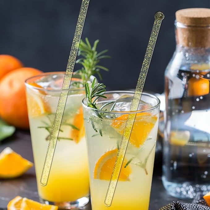 100 Pieces Disposable Plastic Round Top Clear Swizzle Sticks, Crystal Cake Stick, Cocktail Coffee Drink Stirrers 7.24 Inch (Golden)