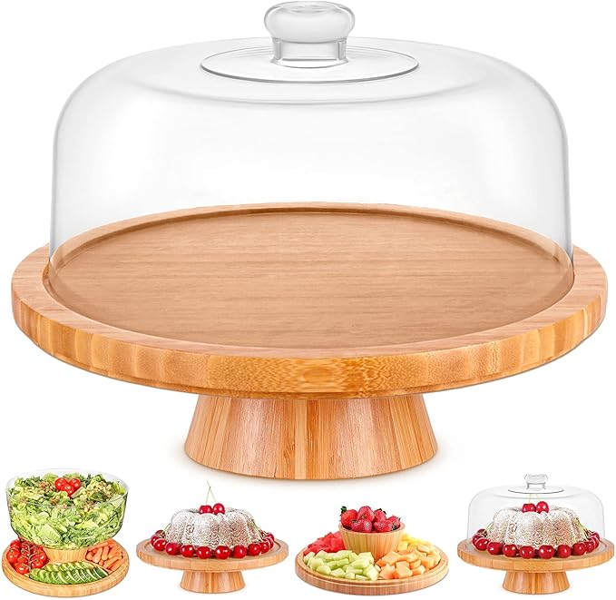 Homeries Bamboo Cake Stand with Lid, Cake Plate, (6 in 1) Multi-Functional Serving Platter, Large Cake Stand with Dome, Cake Display Stand with lid & Cake Dome - Use as Cake Holder, Cake Cover