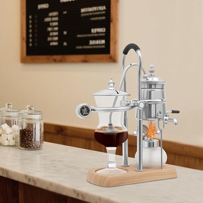 Belgian Balance Siphon Coffee Maker, Vintage Syphon Coffee Machines Vacuum Brewing System, Gold Royal Family Coffee Makers with handle for Home, Café shop (400ml/13.53oz) (Silver)