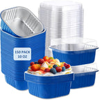 Aoriher 150 Pieces 10 oz Mini Cake Pans with Lids Aluminum Foil Baking Cups Square Disposable 4" x 4" Large Cupcake Cups Baking Tins for Kitchen Brownie Pudding Desserts Holders(Blue)