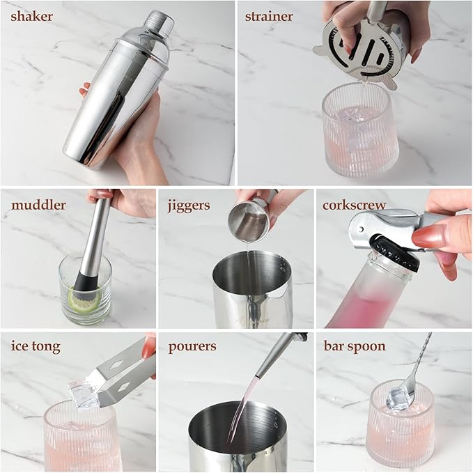 Cocktail Shaker Set Bartender Kit with Stand | 23-Piece Bar Set Drink Mixer Set with All Essential Bar Tools: Martini Shaker, Jigger, Strainer, Spoon, Muddler, Pourers, for Home, Bar, Party