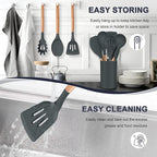 P&P CHEF Silicone Cooking Utensils Set, 12PCS Kitchen Utensils Set with Wooden Handle for Nonstick Cookware, Ladle, Spoon, Spatula, Tong, Heat-resistant & Non-scratch, Non Smell & Healthy, Gray
