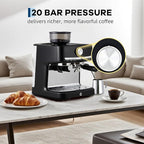 20 Bar Pressure Stainless Steel Espresso Machine with Grinder, 1.5l Removable Water Tank, Milk Frother Steam Wand for Latte and Cappuccino, Adjustable Shot Volume,Black