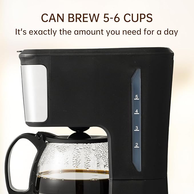 5-6 Cup Programmable Coffee Machine, Reusable Filter, Coffee Pot, Water Level Indicator, Automatic Shut-Off, Black&Stainless Steel
