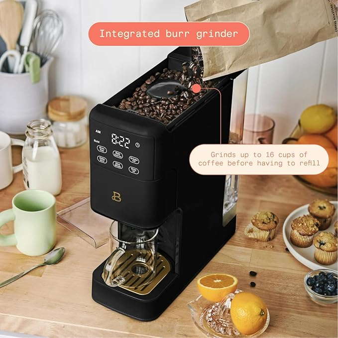 Beautiful Perfect Grind Programmable Single Serve Coffee Maker with Touch-activated Display, Programmable and Integrated Burr Grinder, 64oz Water Reservoir (Black Sesame)
