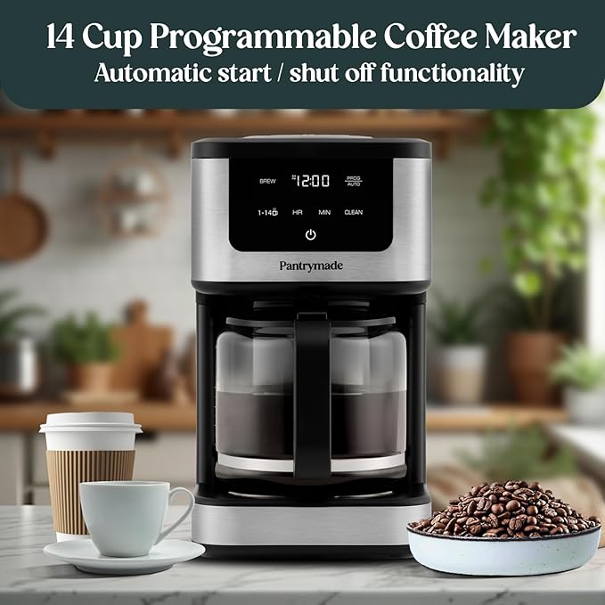 Deluxe 14 Cup Programmable Drip Coffee Maker with Glass Carafe | Large Capacity Coffee Maker 14 Cup with, Auto Shut-Off & Timer | Classic Black