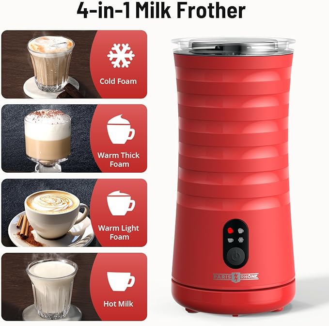 Milk Frother, Paris Rhône 4-in-1 Milk Steamer and Frother, Hot & Cold Foam Milk Warmer with Temperature Control, Auto Shut-Off Frothers for Coffee, Latte, Cappuccino, Macchiato