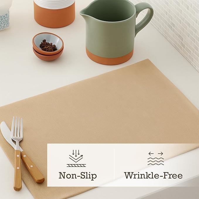 Cloth Placemats Set of 4, Cotton Blend Durable Layered Table Mats, Non-Slip Wrinkle Free Place Mats for Dining Table, Easy to Clean (Croissant Brown, 13x19 Inch)