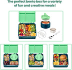 Bento Lunch Box with 8oz Soup Thermo,Kids Leakproof 4 Compartment Lunch Food Containers with Sauce Cup and Ice Pack,Kids Thermo Insulated Hot Food Jar and Lunch Bag for School,Trvael-Green