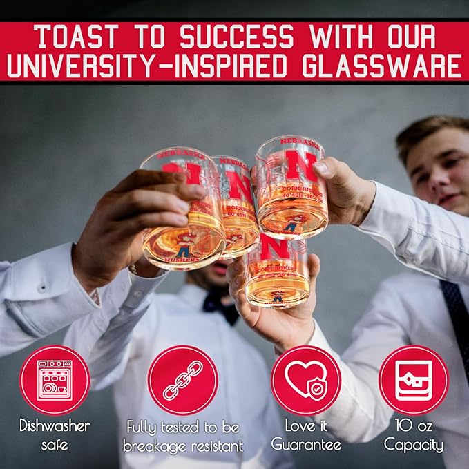 Greenline Goods – University of Nebraska Cornhuskers College Whiskey Glasses (Set of 2), 10 oz – Full-Color Logo + Campus Map