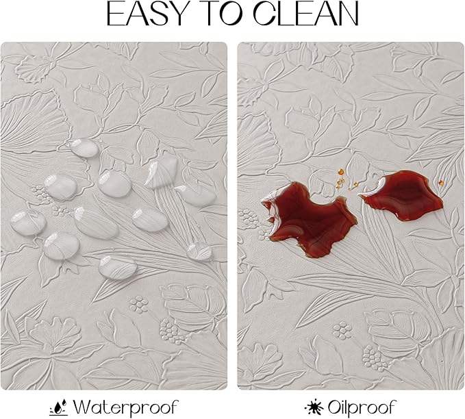 Romanstile Vinyl Placemats Set of 6-12 X 18 Inch - Heat Resistant Non-Slip Embossed Floral Place Mats 100% Waterproof Oilproof Wipeable Faux Leather Table Mats for Kitchen/Dining/Party, LightGrey