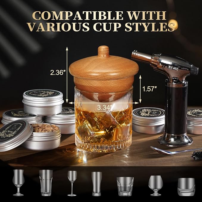 G GOOD GAIN Whiskey Smoker Kit with Torch - Old Fashioned Cocktail Smoker Infuser Kit, 6 Flavors Wood Chips, 4 Ice Stone | Birthday Bourbon Whiskey Gifts for Men, Dad, Husband (No Butane)