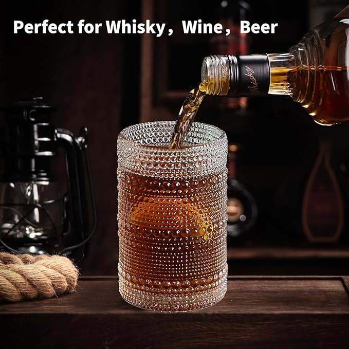 Hobnail Drinking Glasses，12 oz Glasses Drinking Set of 6，Vintage Glassware，Whiskey/Cocktail/Juice/Beer/Water/Kitchen Glasses for Bar Tumbler Glassware，Vasos De Vidrio Glass Cups Set for Mixed Drinks
