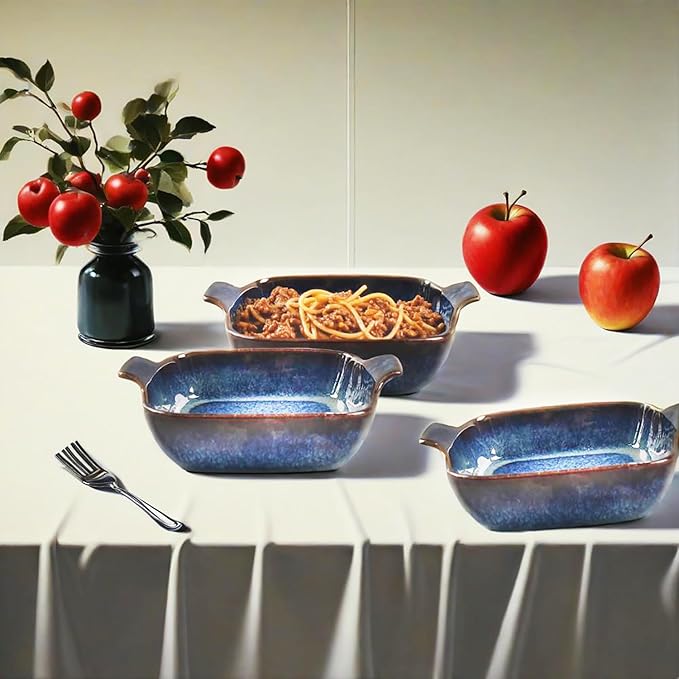 Ceramics Au Gratin baking Dishes Set of 4, Baking Tray Bake ware, 10.5 oz Ramekins, for Pie Pan, Appetizer, Tart, Dessert, Quiche, Oven Small dish, individual dishes, Square 7.3 Inch