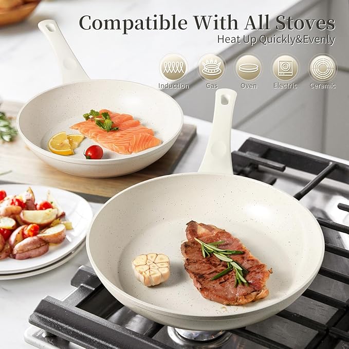 Ceramic Frying Pan Set, Set of 3 Non Stick Frying Pans, White Ceramic Induction Cookware, Nonstick Skillet Omelette Egg Frying Pan Set, kitchen Cooking Pan Set, PFOA&PFAS Free