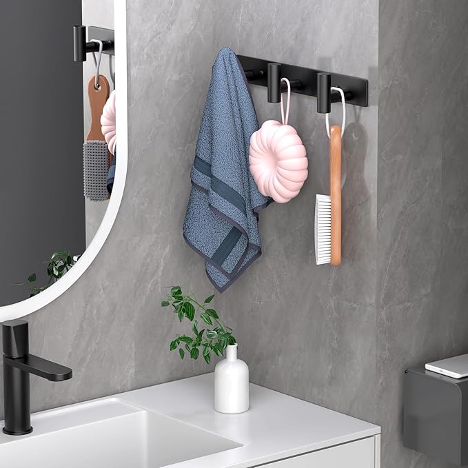 Wall Mounted Coat Rack-3 Hooks, Heavy Duty Stainless Steel Hook Rail for Towel Coat Hat Purse Bag Jacket, Towel Hooks for Entryway Bathroom Kitchen (Black 3 Hooks - 1 Pack)