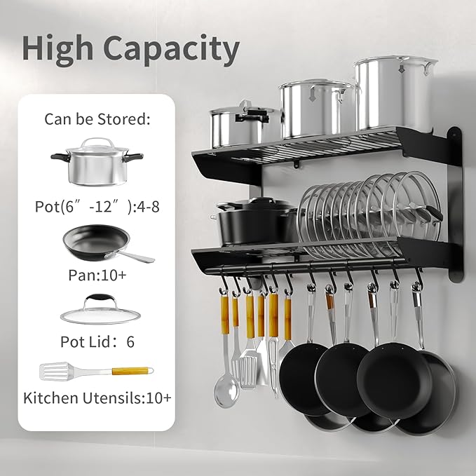 Taozun 30 Inch Pot and Pan Organizer, 2 Tier Heavy Duty Pot Rack Wall Mounted with 12 Hooks, Kitchen Cookware Utensils Hanger Organizers and Storage