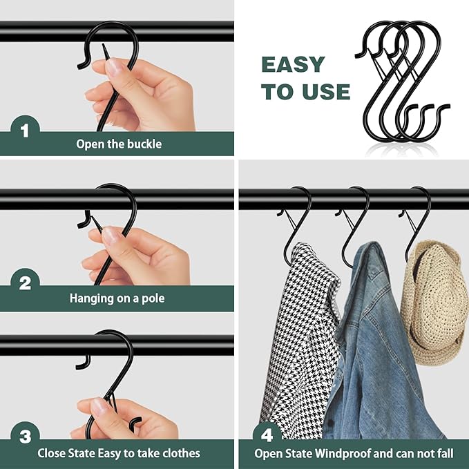 20PCS S Hooks for Hanging,3.5 Inch Heavy Duty Closet Hooks with Safety Buckle,Closet Hooks Hanging for Plants,Clothes,Kitchen Utensil,String Lights,Handbags,Belt, Hat, Cup, Tie (Black)