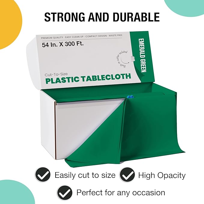 Exquisite Party Solids 54 Inch X 300 Feet Emerald Green Plastic Table Cover Roll in A Cut - to - Size Box with Convenient Slide Cutter. Cuts Up to 36 Rectangle 8 Feet Plastic Disposable Tablecloths